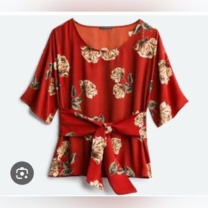 West Kei Red Floral Blouse with Tie Waist, size large